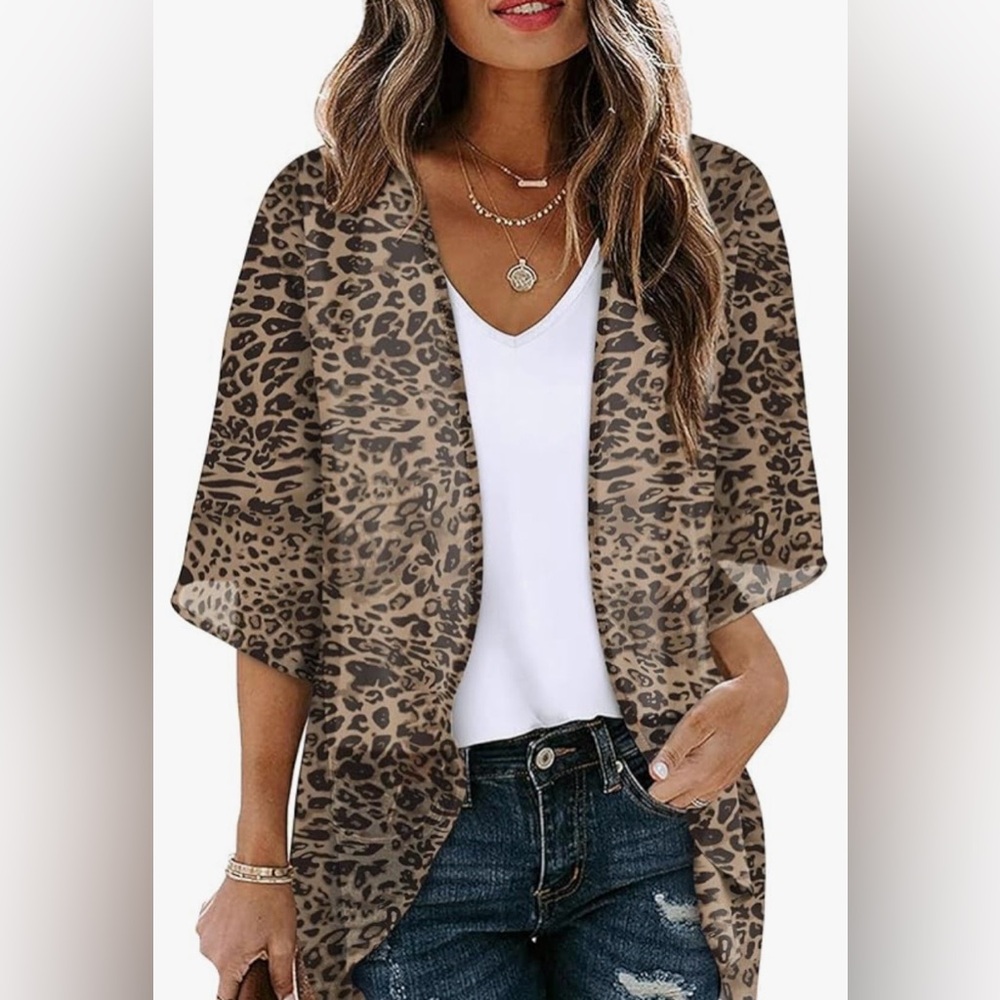 NWT Women’s 3/4 Length Sleeve Leopard Print Casual Cardigan Blouse Loose Fit